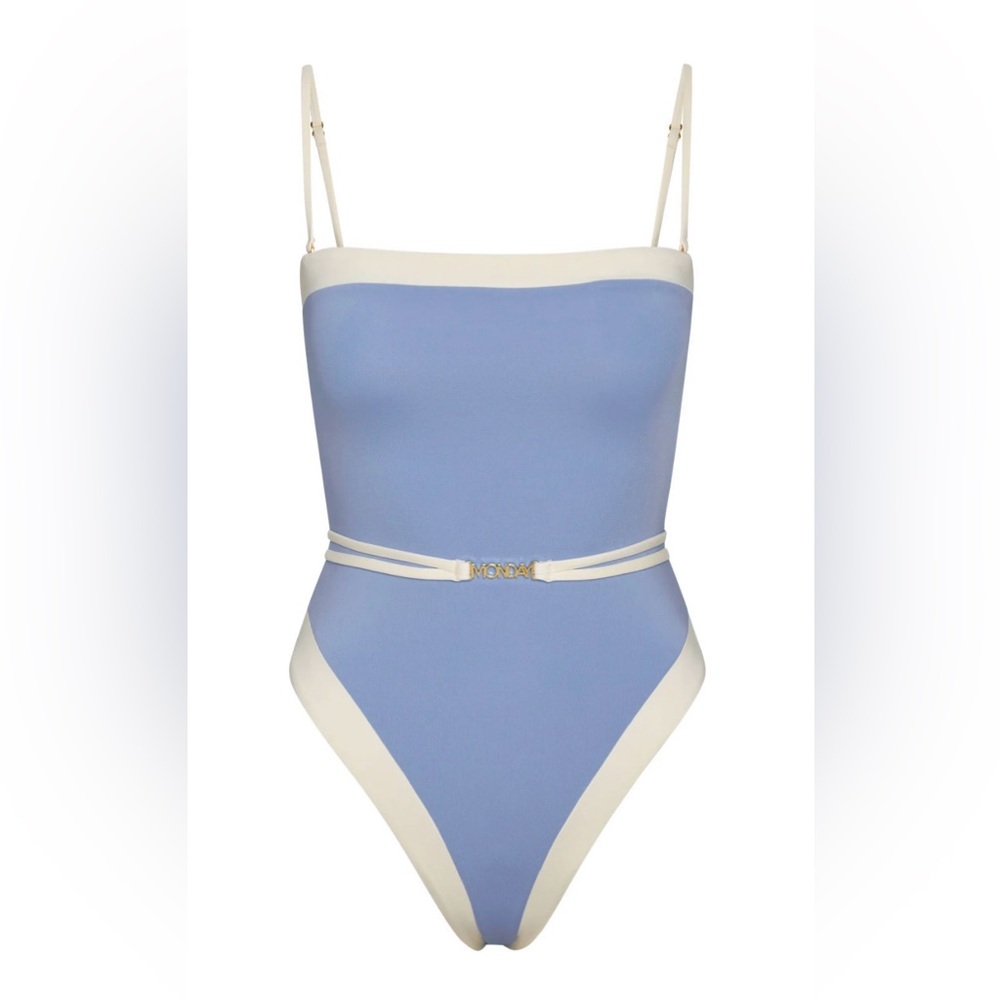 NWT Monday Swimwear Azure Blue Ivory Miami One Piece Swimsuit Size Small